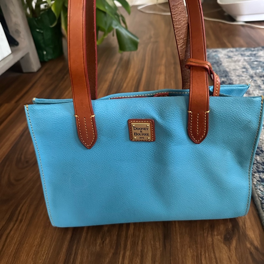 Dooney & Bourke Bright Turquoise Leather Shoulder Bag with Brown Handles